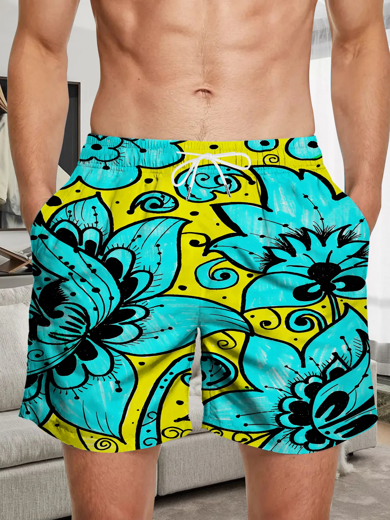 

Streetwear Full Print Digital Shorts Male Elastic Waist Quick Dry Polyester Trunks