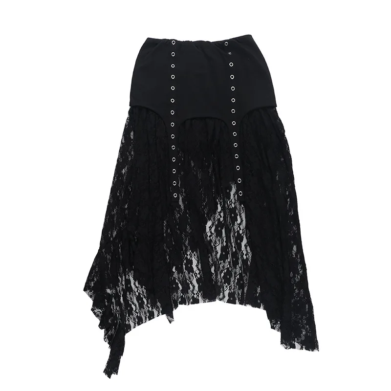Gothic Diablo Grunge Irregular Lace Half Skirt Y2k New Trendy Peplum Skirts Women Punk Black Skirt Streetwear Vintage Clothes