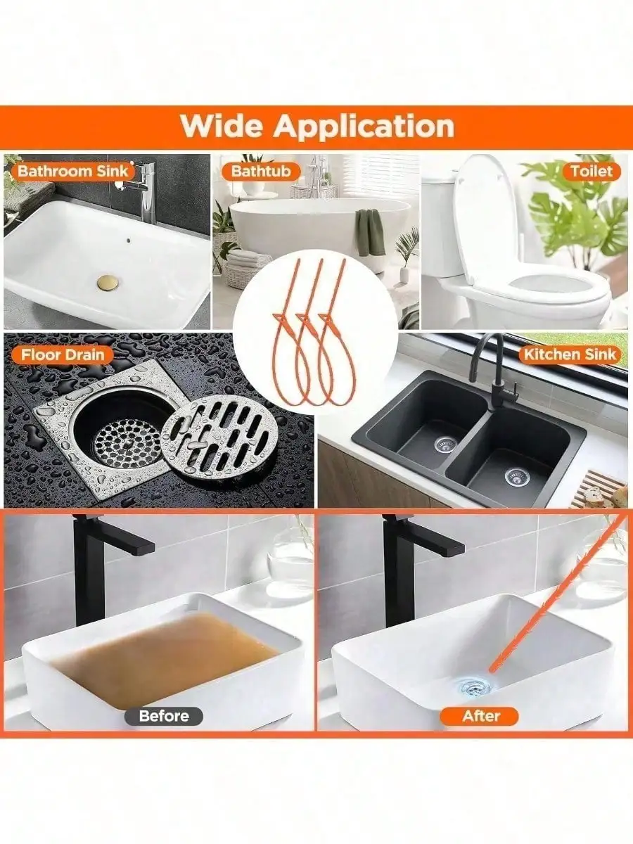 5 Pcs Drain Snake Set, Unclogs Hair in Sink & Shower. 65cm, Reusable, Heavy Duty Tools