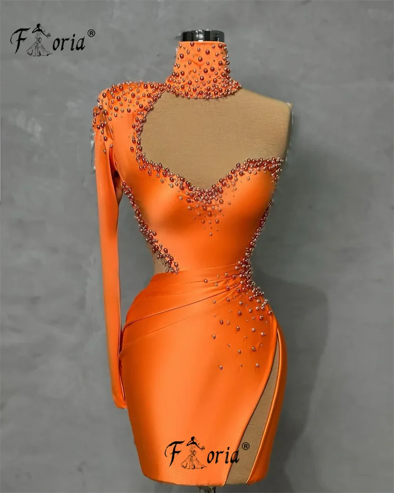 Special Design Orange Satin Cocktail Dress Dubai Beaded Cut-out Prom Party Dresses Aso Ebi Woman Short vestido graduacion corto