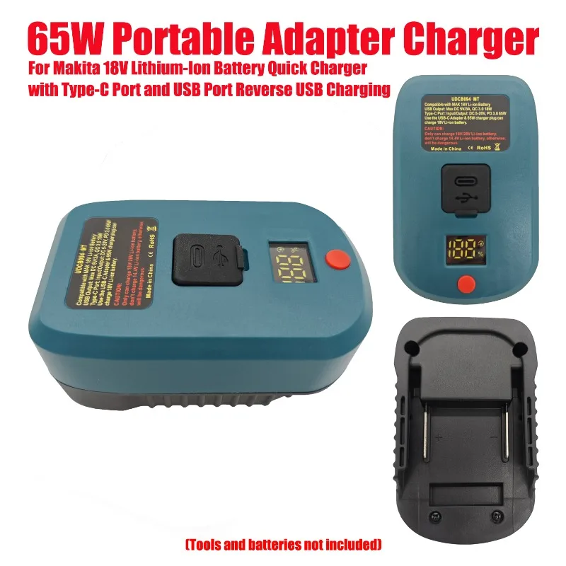 

For Makita 18V Lithium-Ion Battery Quick Charger 65W Portable Adapter Charger with Type-C Port and USB Port Reverse USB Charging