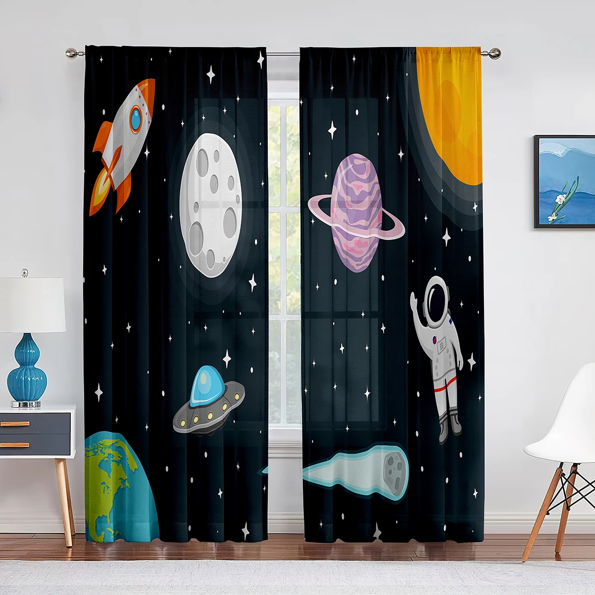 Cartoon Outer Space Rocket Planet Tulle Sheer Window Curtains for Living Room Boys Kids Bedroom Tulle Voile Curtain Drapes Decor