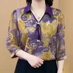 Blusa holgada con estampado de plantas para mujer, blusa informal de manga 3/4 con cuello vuelto, camisa con cordón a la moda para primavera y verano