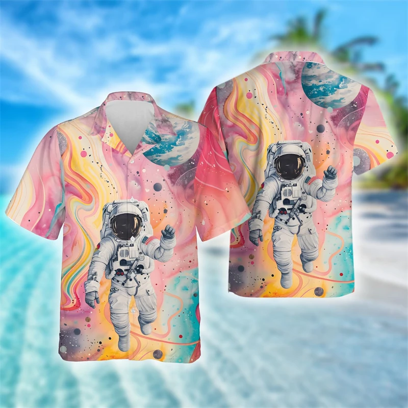 Cartoon Graffiti Art Astronaut 3D Printed Lapel Blouse Beautiful Planet Short Sleeve Shirts For Men Clothes Y2k Stars Women Tops