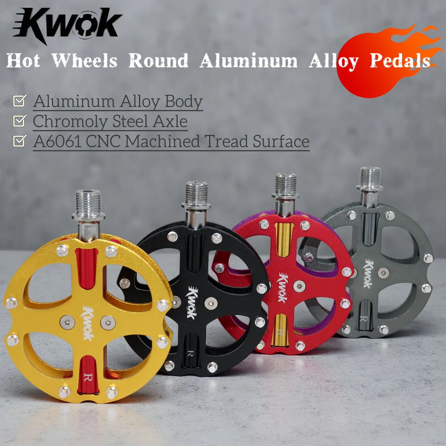 

KWOK Hot Wheels Round Aluminum Alloy Bike Pedals! Chromium Molybdenum Steel Axle 3 Self Lubricating Bearing Units Ultra-Lightw