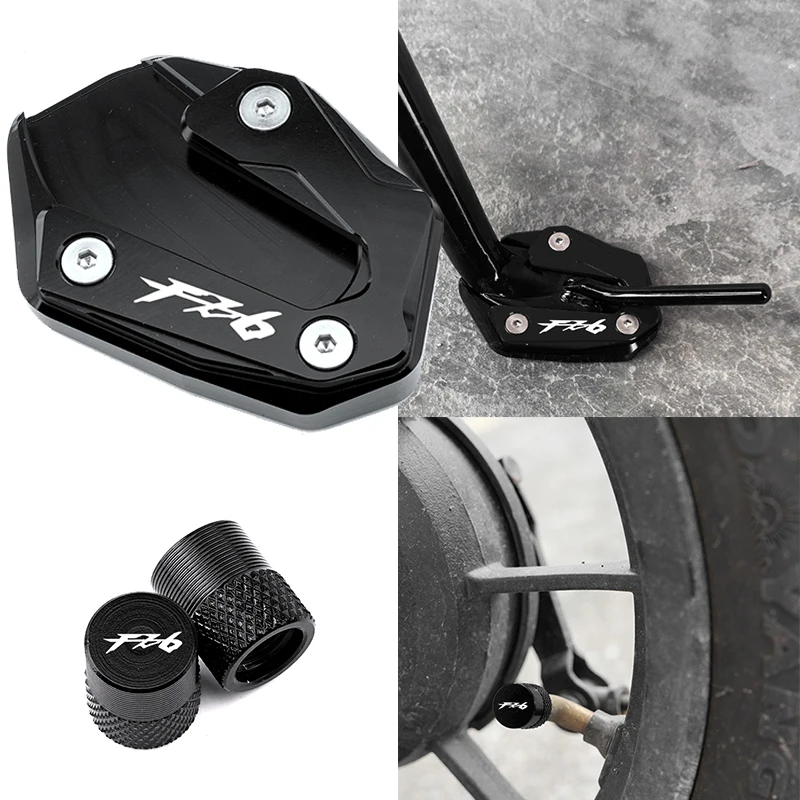 

FZ6 Accessories Motorcycle Kickstand Foot Side Stand Enlarger Pad & Tire Valve Cap For YAMAHA FZ6 FZ6N FZ6S FZ6R 2004-2015