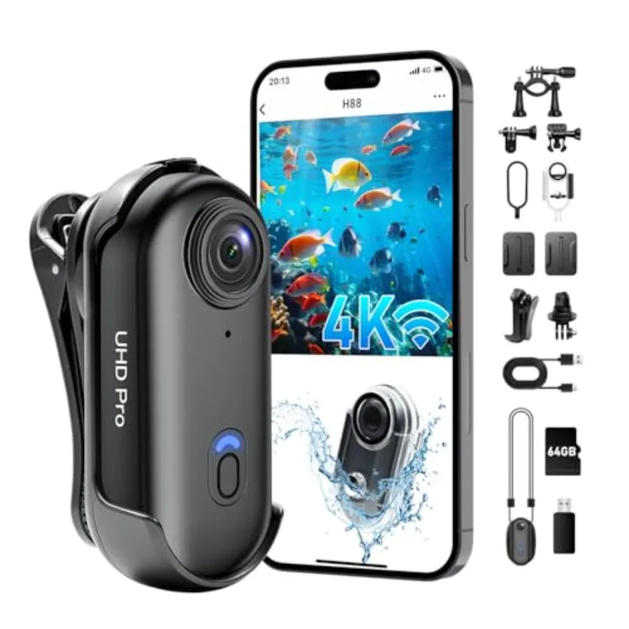 4K Action Camera for Cycling Hiking Fishing Vlogging, Waterproof ABS Plastic Black Hands-Free Wearable Body Camera with 64GB St