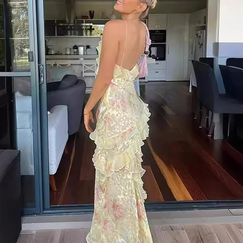 New Sexy V Neck Colorful Ruffle Sling Dress Women Spring Backless Boho Long Dress Summer Sleeveless Beach Holiday Dress Vestidos