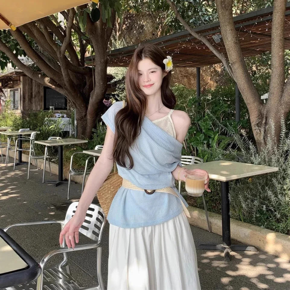 

2026 New Summer Women's Gentle Style Off Shoulder Draped Collar Short Sleeve Knit Top Lightweight Layered Outerwear With Unique