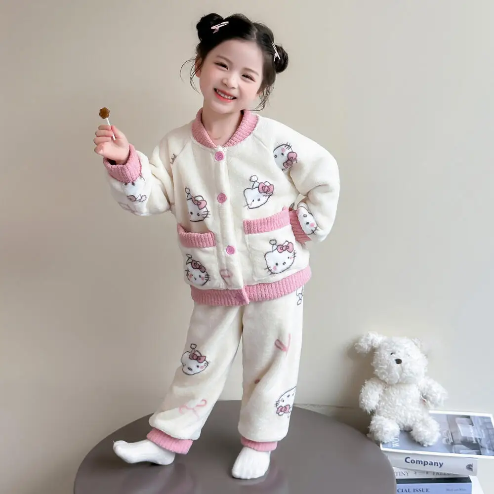 

Sanrio Hello Kitty Girls Fashionable Pajama Set Autumn and Winter Children's Flannel Cardigan Cartoon Home Clothes Two-Piece Set