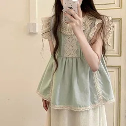 2024 Summer New Women's Flying Sleeve Contrast Color Crew Neck Spliced Lace Pleated Fashion Casual Loose All-match T-shirt Tops