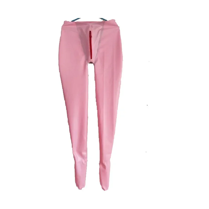 

New Latex Rubber Sexy Pink Pants With Crotch Zipper Trousers Size XS-XXL