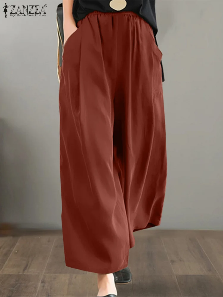 

Casual Loose Pocket Pant ZANZEA Women Wide Leg Long Pants 2024 Summer Solid Color Trousers Korean Style Elastic Waisted Pantalon