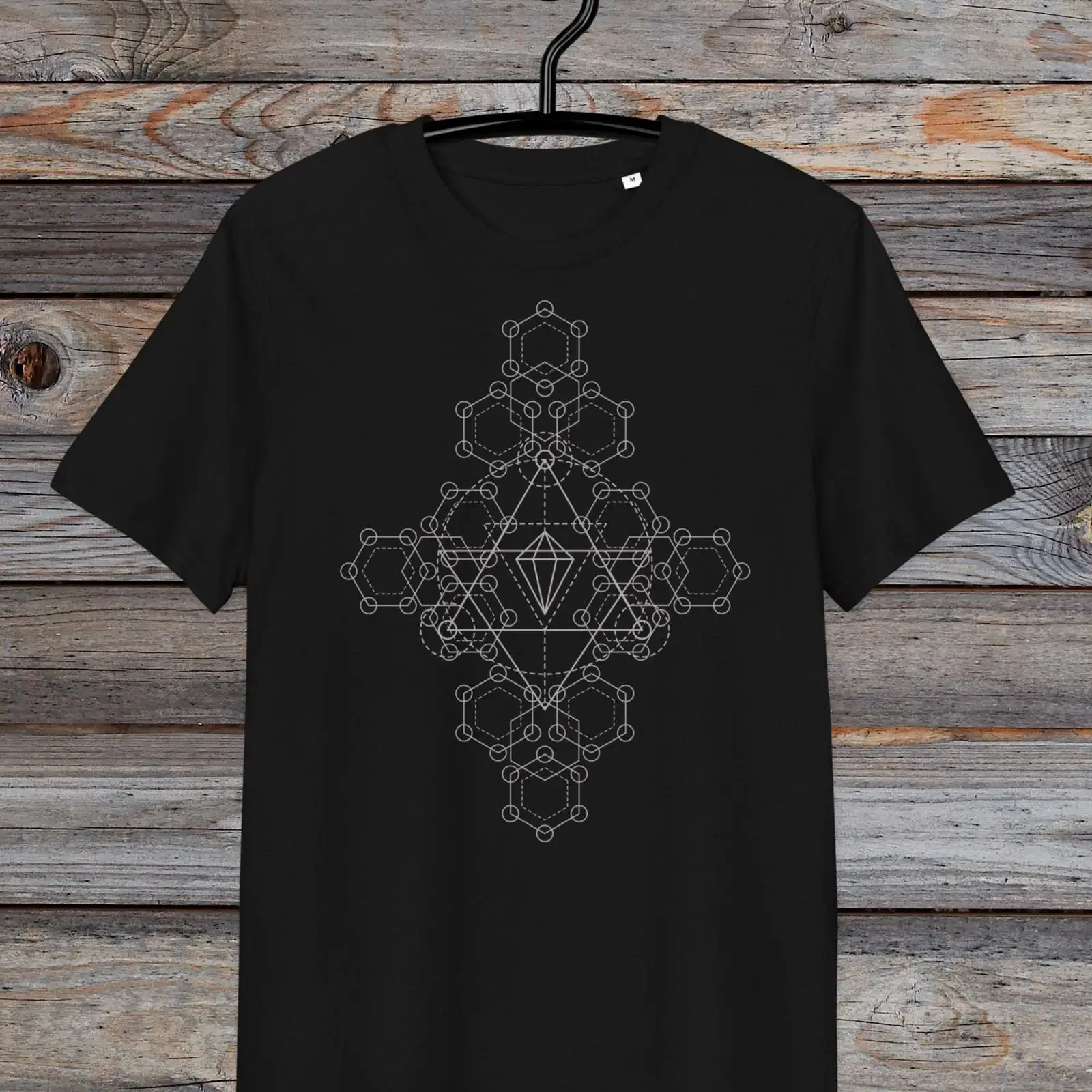 T-Shirt aus Bio-Baumwolle mit Aufdruck der heiligen Geometrie für Herren, spirituelle geometrische Yoga-Meditationskleidung, Festivalmode, Vintage, gewaschen
