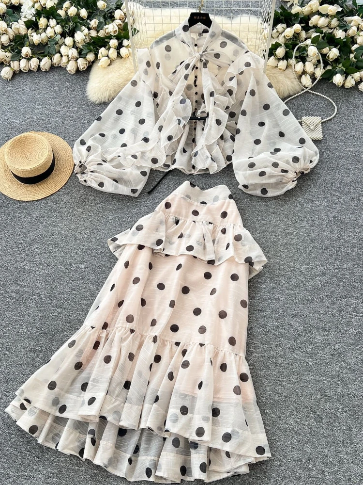 ツーピースセット レディース スカートセット ランタンスリーブ プリント ドット トップス フリル Y2K ストリートウェア エレガント ロング フィッシュテールスカート ハイウエスト