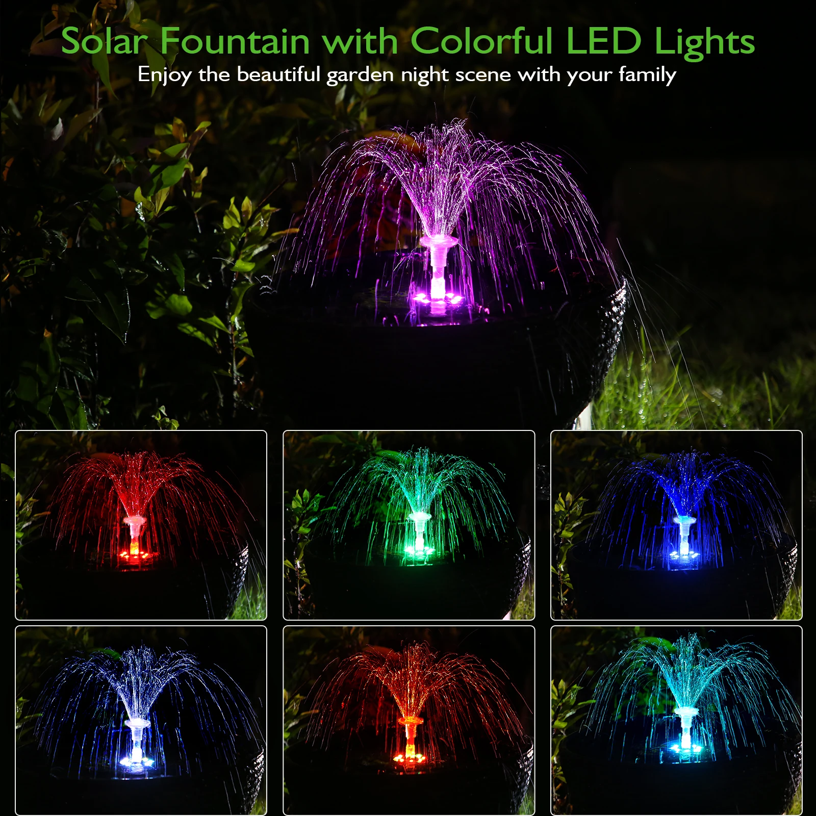 AISITIN 3.5W LED Solar Fountain Pump with 8 Color LED Lights for Pool with 16 DIY Nozzles and  3000mAh Battery for Garden,Pool