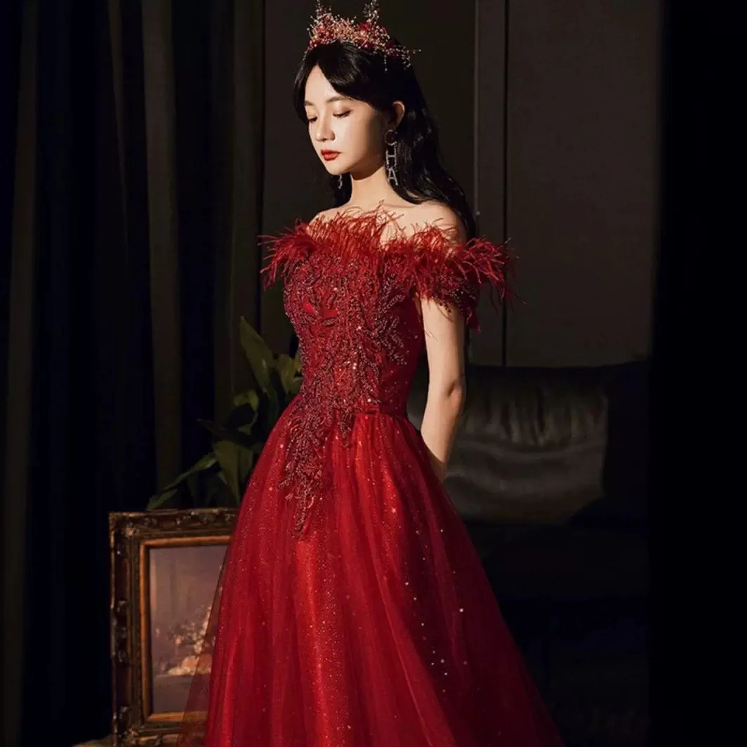 Summer Bridal Wedding Dress Red Shoulder Banquet Dress Long Feather Fairy Skinny