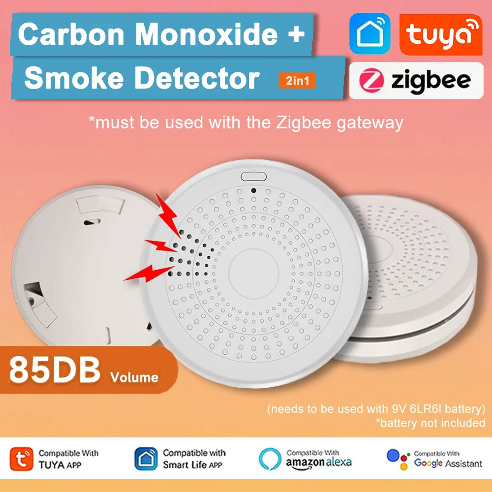 Tuya Zigbee 2 In 1 Version Intelligent carbon monoxide and smoke detector, smart home gas leakage alarm