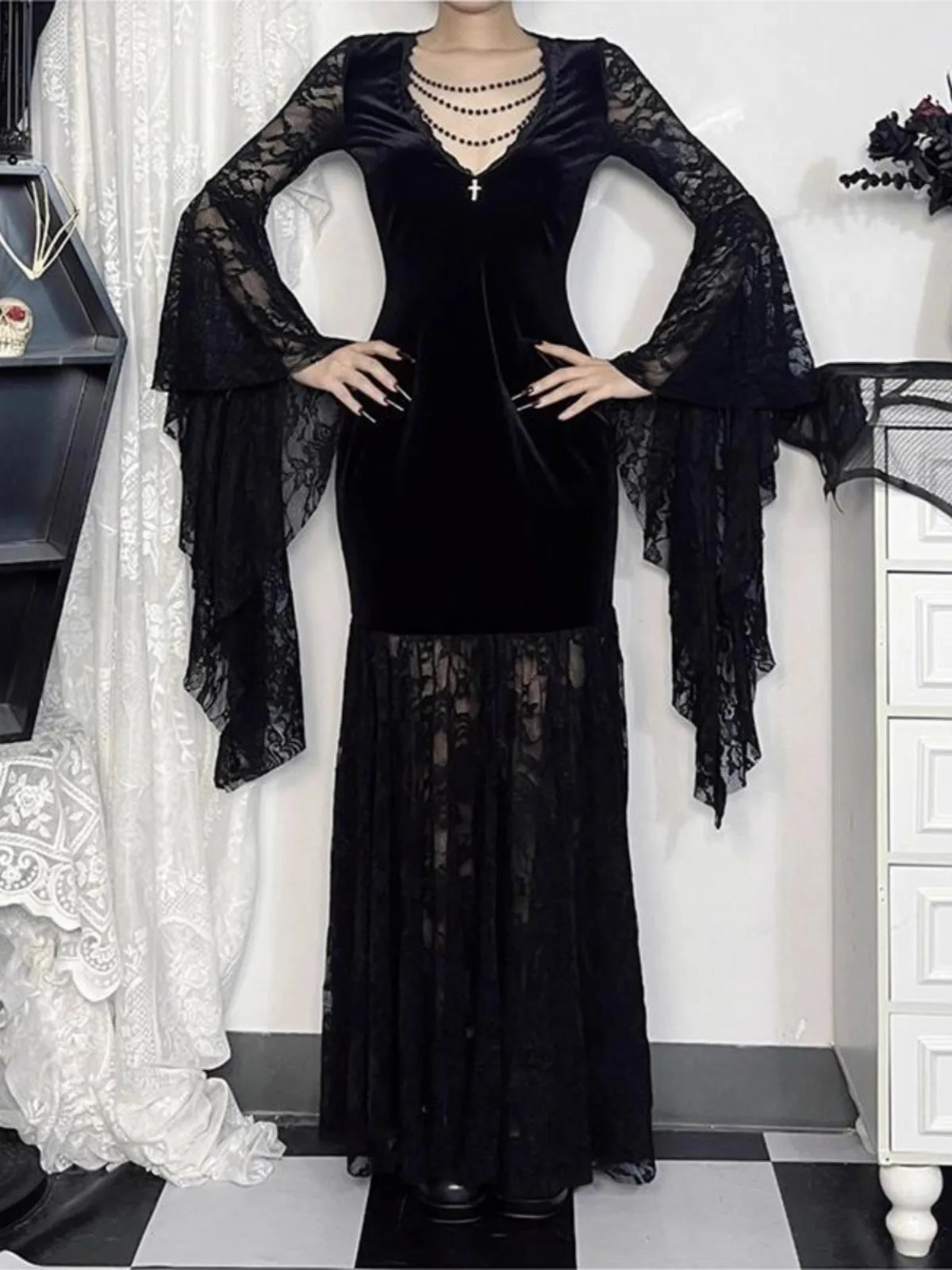 loween k Witch Sle Lace Dr Donna 2025 Nuovo abito a vita alta Bla Ele Gonna lunga Bell Sve V Ne Abbigliamento quotidiano