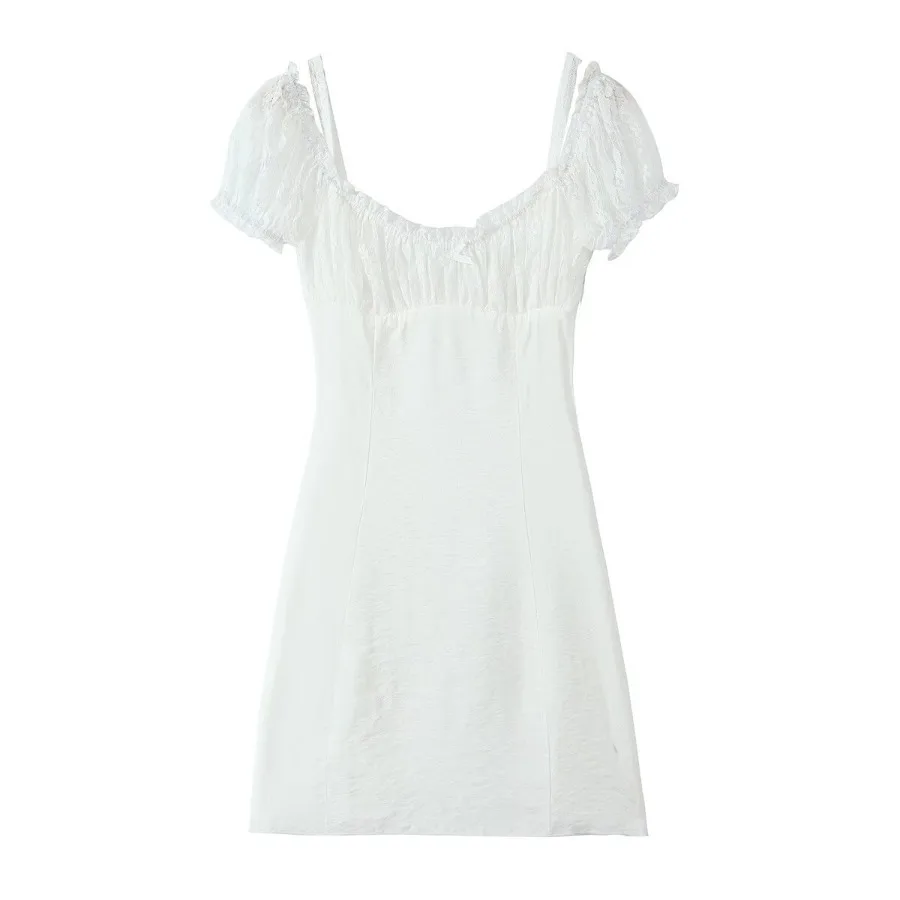 

【New style】25 summer new French style hot girl retro court style lace splicing bubble sleeve sling one-shoulder dress