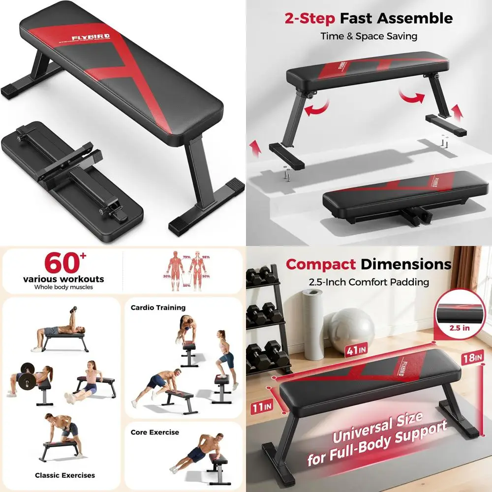 Banco Plano, Banco de Pesas Plegable de Fácil Montaje para Entrenamiento de Fuerza, Press de Banca, 600/1000 LBS 2 Versiones