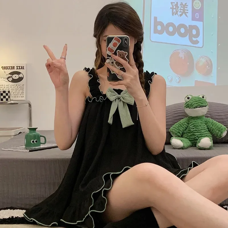 Strappy Nightdress for Ladies: Summer Bow-Tie Puff-Sleeve Cotton Set in Princess Style – Sweet and Cute Loose-Fit Loungewear
