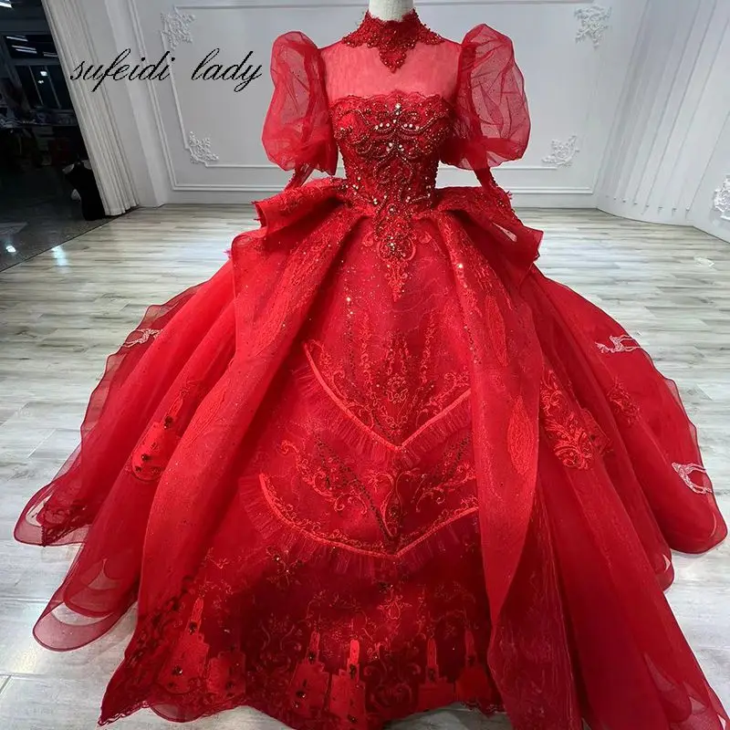 Red Ball Gown Wedding Dresses With Wrap Sweetheart Lace Crystal Bead Robe De Mariee Custom Made Arabic Wedding Gowns