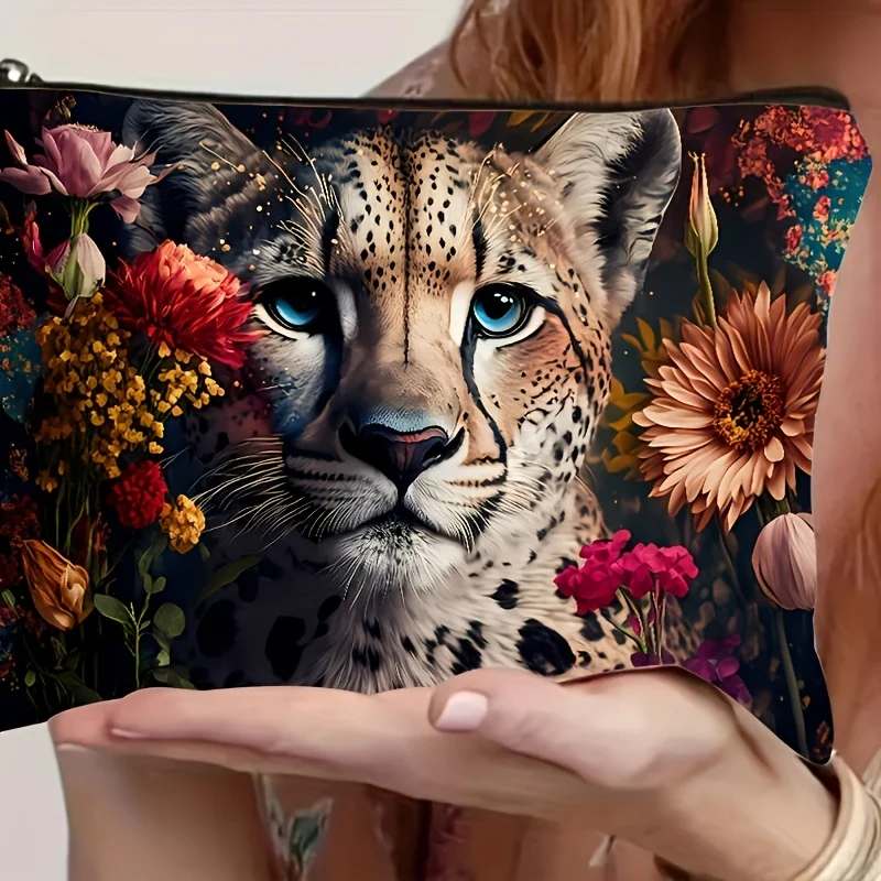 1Pc Cute Wild Leopard Print and Warm Floral Retro Design Multifunctional Travel Makeup Bag, Snack Storage Bag, Stationery Storage Bag, Fashionable Toiletry Bag, Canvas Double-Sided Printed Zipper Pouch