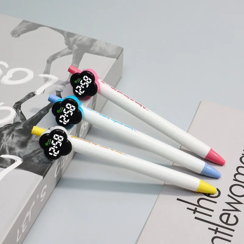 College Style Four-leaf Clover Pen Cover Square Pen Hour Clock Silent Can See The Time Student Led Electronic Watch