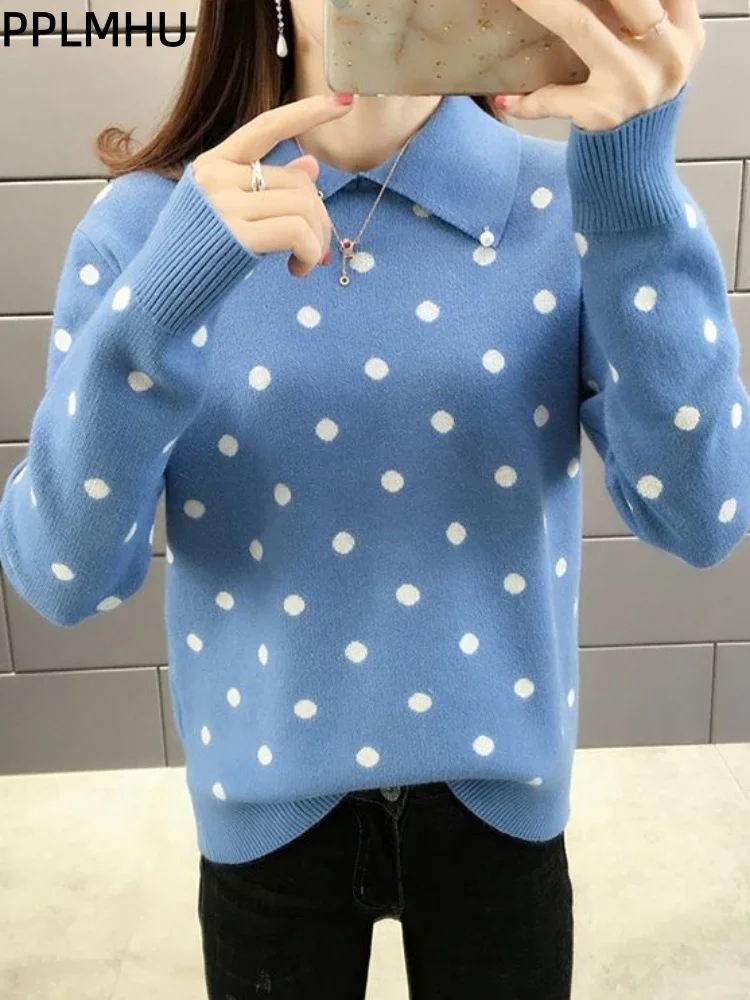 

Turn-Down Collar Dot Korean Fashion Knitted Sweater Baggy Women's Casual Jumpers Long Slooved Soft Bottom Knitwear Pullovers