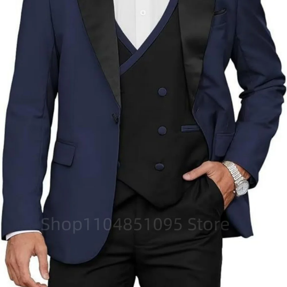 Ternos de casamento azul real masculinos, padrinhos casuais, smoking de casamento de noivo, jaqueta blazer, colete, fantasia de calças, 3 peças