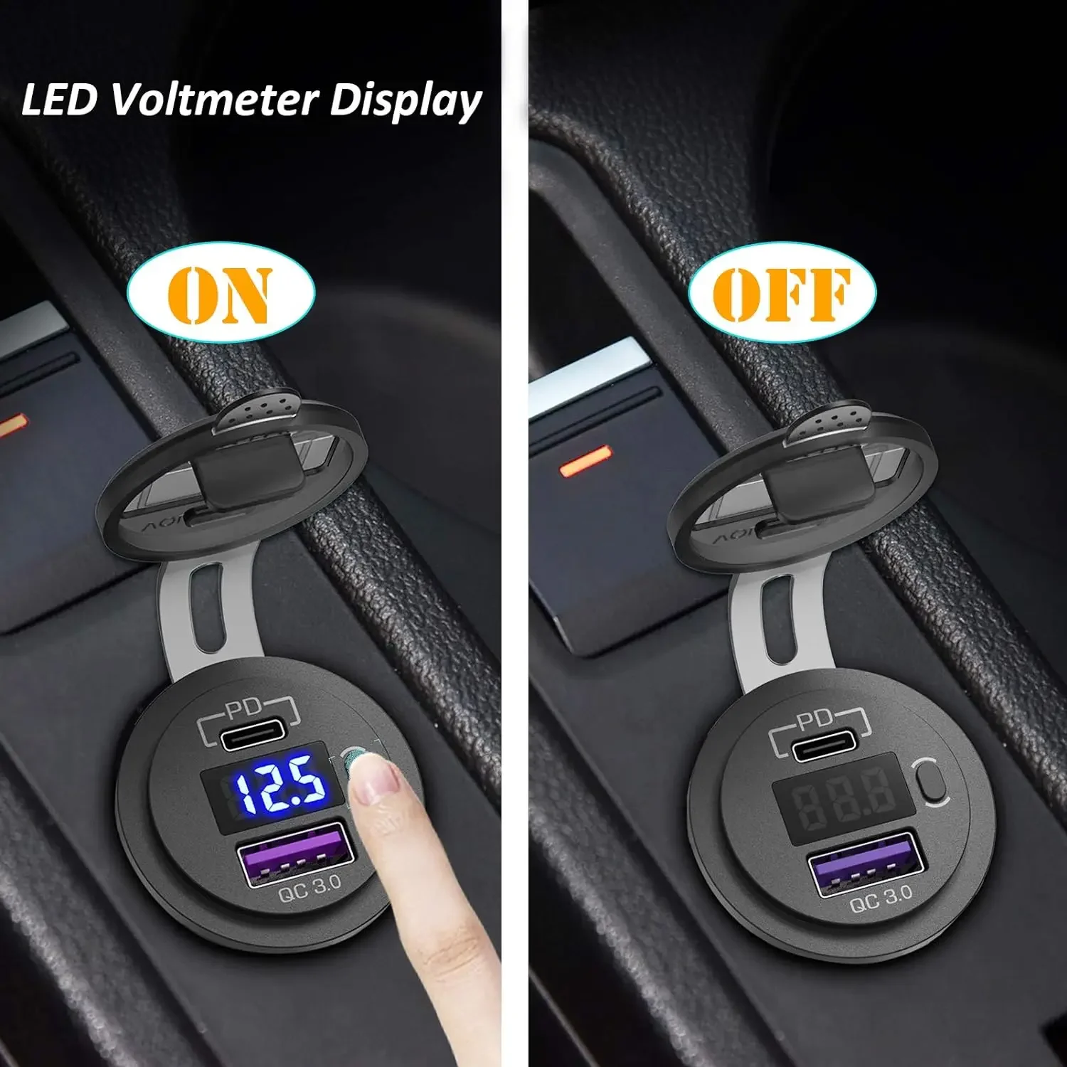 12V Car Fast Charger Power Socket QC3.0 and PD USB Port Car Charger Adapter with LED Voltmeter and On/Off Switch