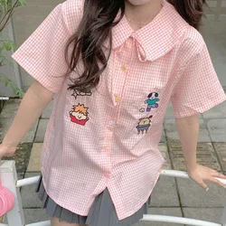 Japanese Sweet Lolita Checkered Doll Neck Women's Fashion 2024 Summer New Spliced Button Embroidery Short Sleeve Blouses Shirts