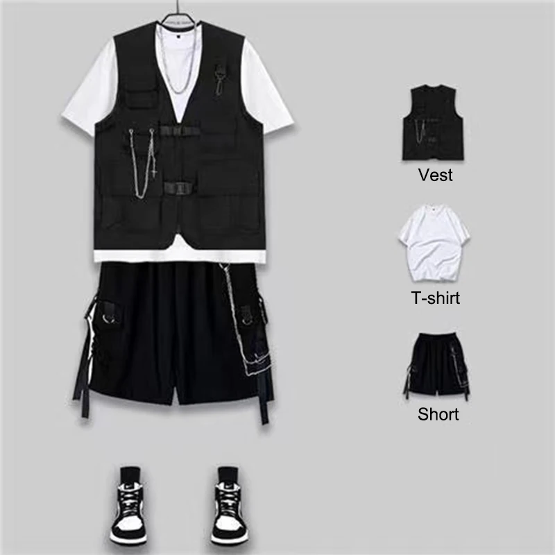 

ARENS Techwear мужская модная одежда, мужской жилет в стиле панк Rave, мужские шорты, уличная одежда в стиле хип-хоп, 3 предмета