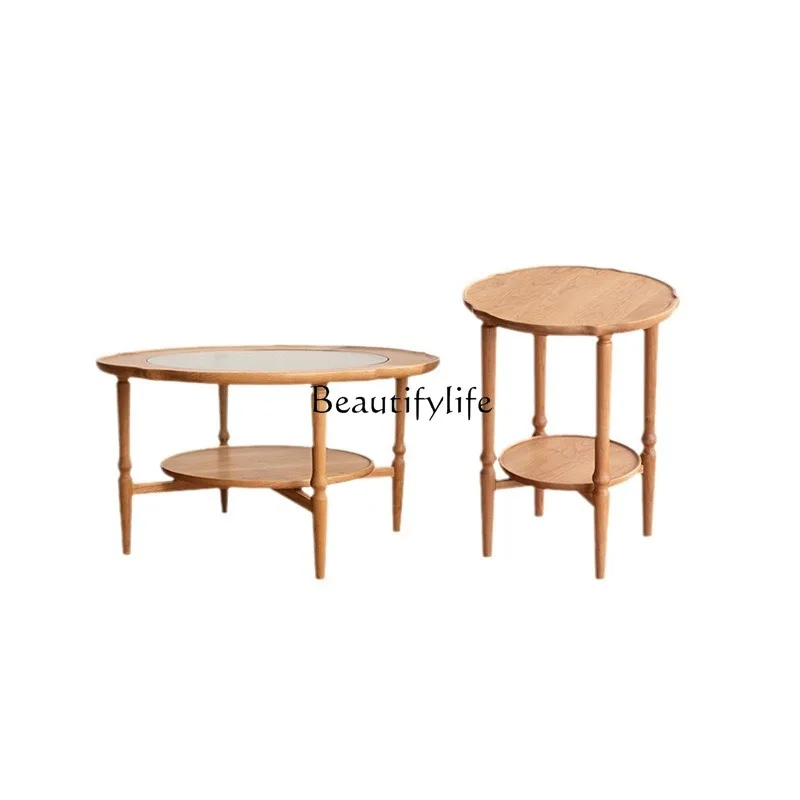 

Nordic cherry wood solid wood coffee table Japanese-style small apartment sofa round edge table combination