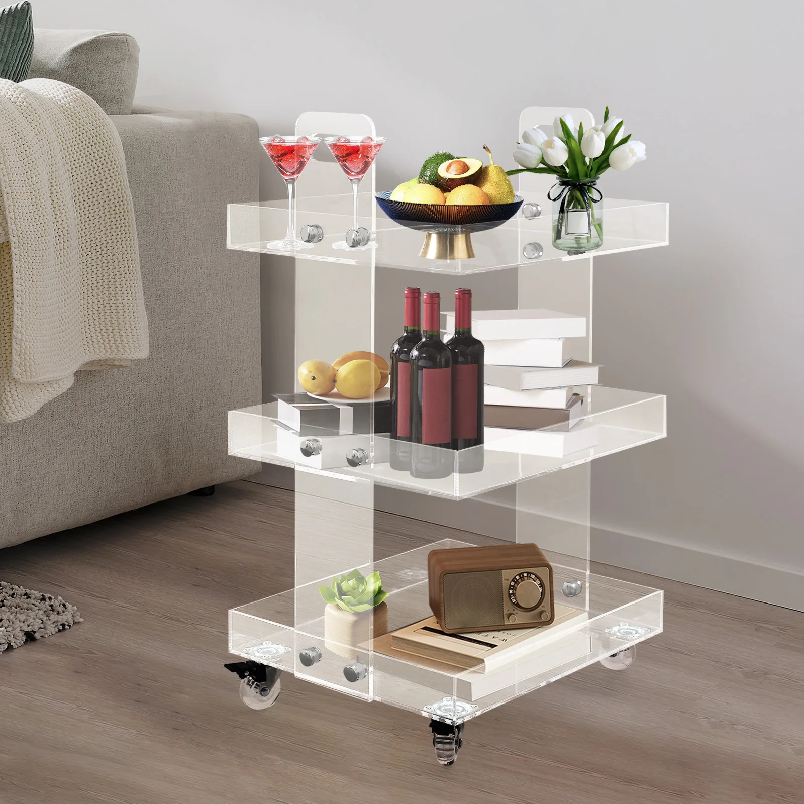 3-Tier Acrylic Mobile Storage Cart with Wheels Clear Multifunctional Utility Rolling Trolley for Kitchen Bathroom Nursery Laundry 41.6x34x70cm