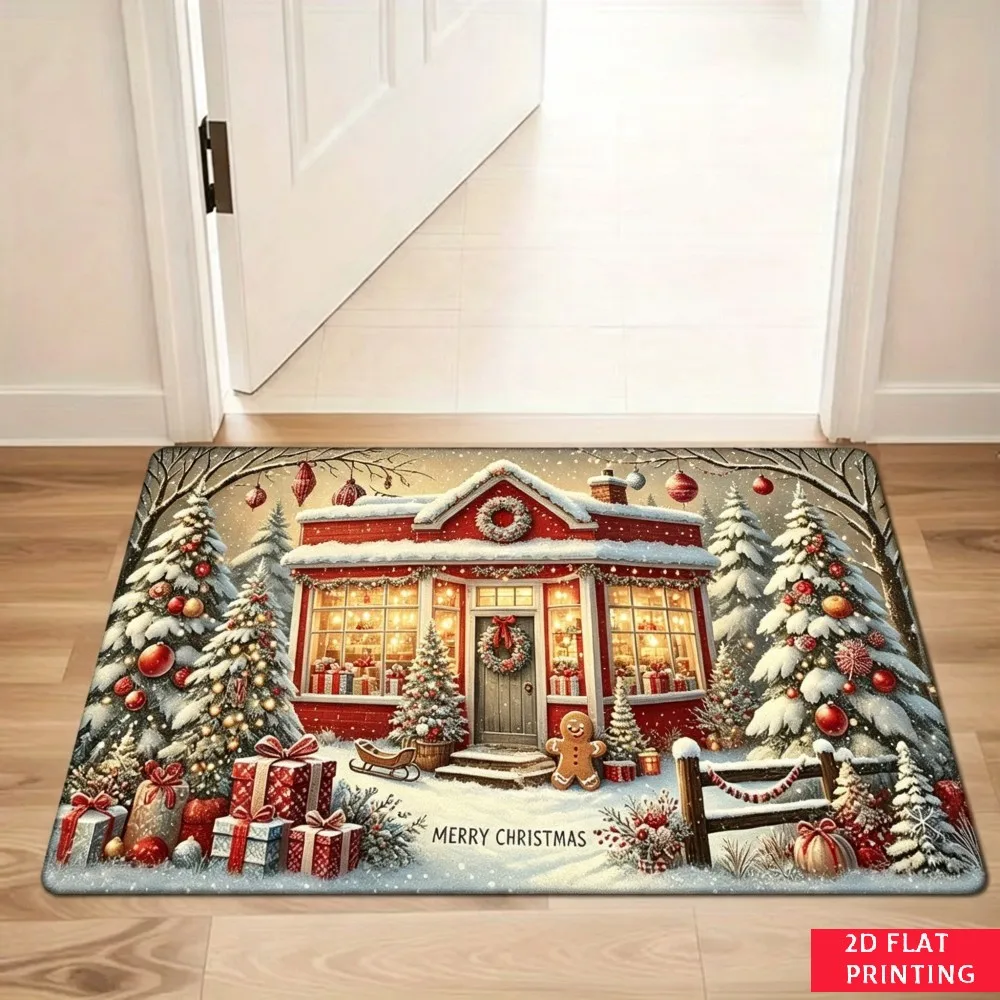 Snowy Village Christmas House Rug Red Building Gift Box Tree Print Non Slip Washable Floor Mat For Festive Winter Season Decor