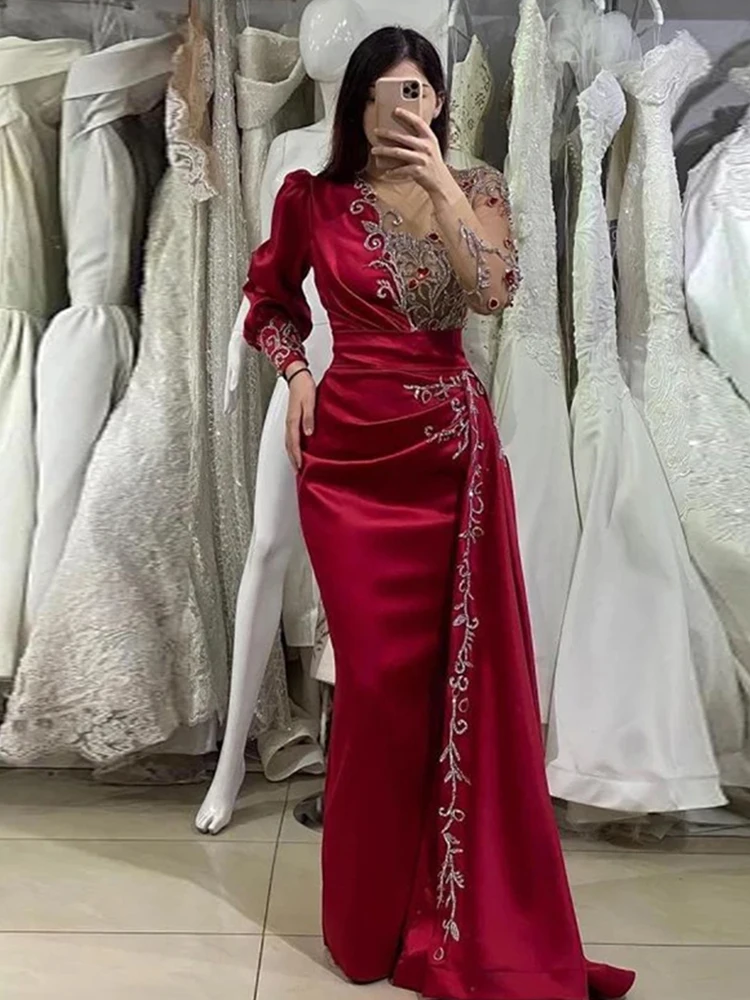 Elegant Sweetheart Gorgeous Satin Evening Dresses Beautiful Sexy Round Neck Long Sleeves Slimming Mopping Prom Gowns For Women