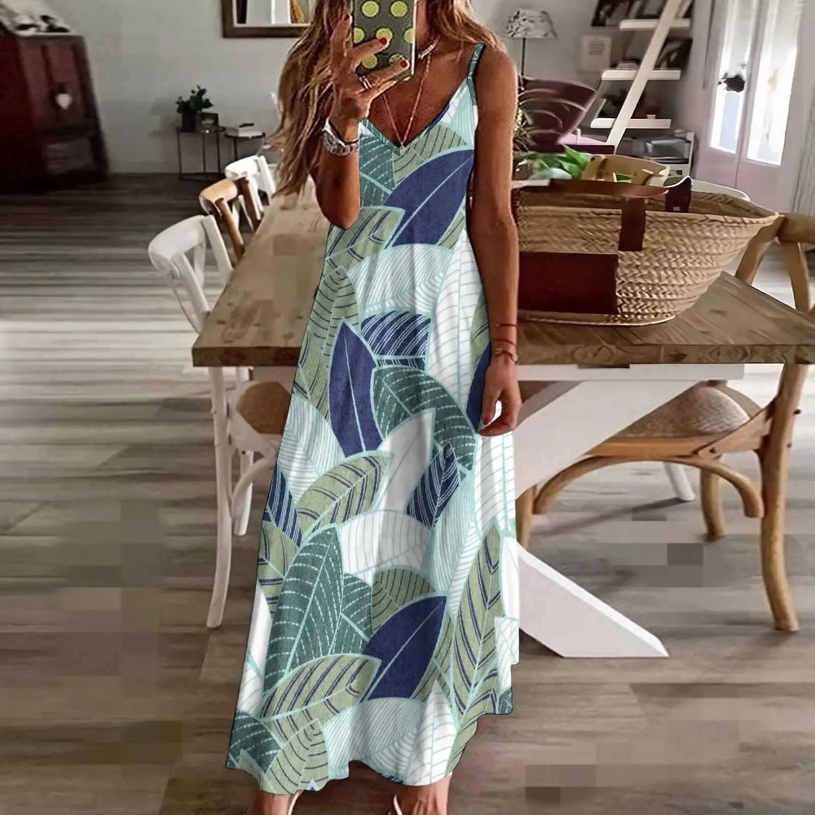 Leaf wall // navy blue pine and sage green leaves mint lines Sleeveless Dress summer dress for women 2023 dresses for woman 2023