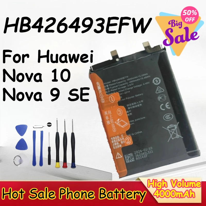 

Phone Battery for Huawei Nova 10/Nova 9 SE/Honor 50 SE HB426493EFW 3.85V 4000mAh Large Capacity Phone Replacement Battery