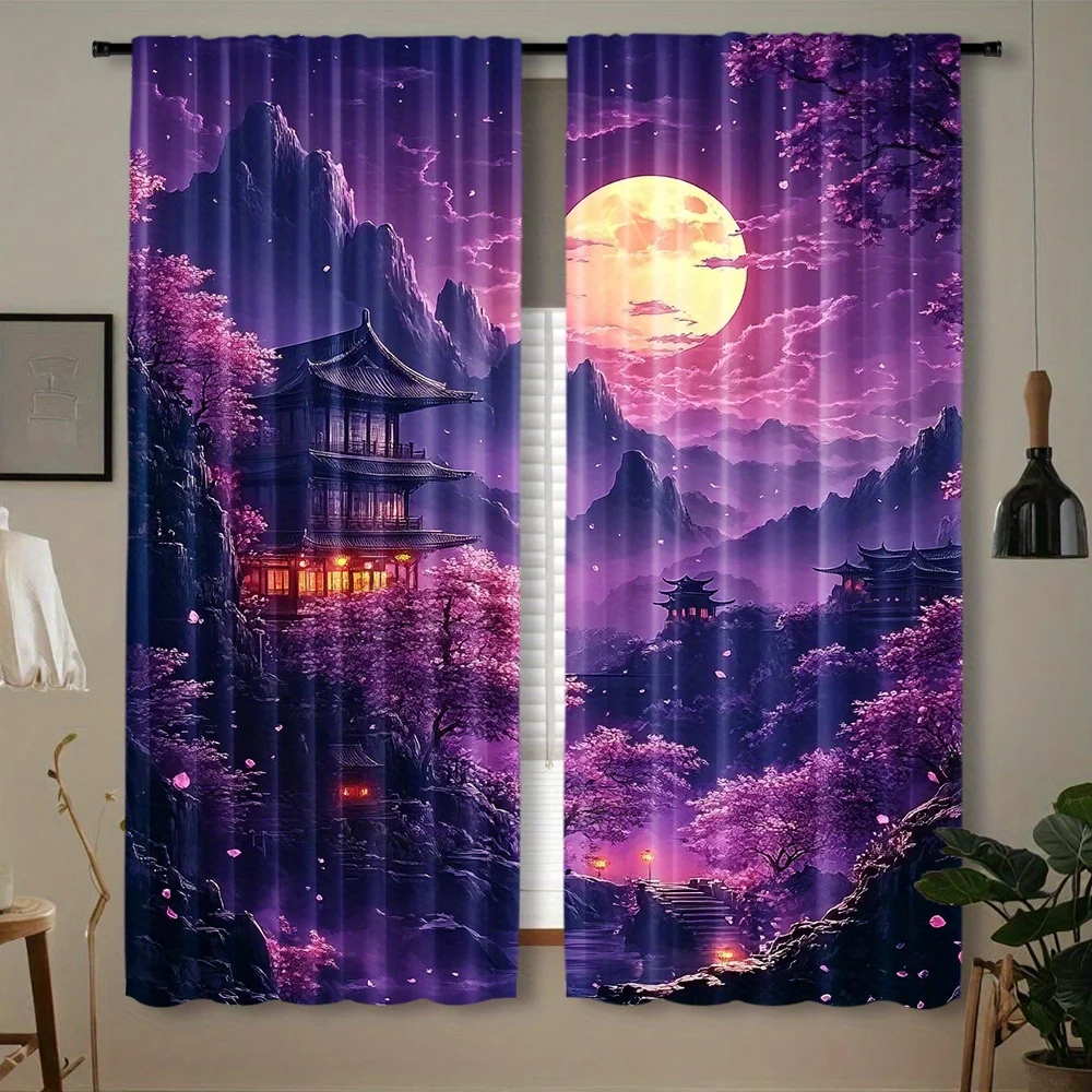 Purple Night Cherry Pagoda Curtain 2 Panels, Full Moon Ancient Pavilion Glowing Landscape Print, Drapes Bedroom Oriental Curtain