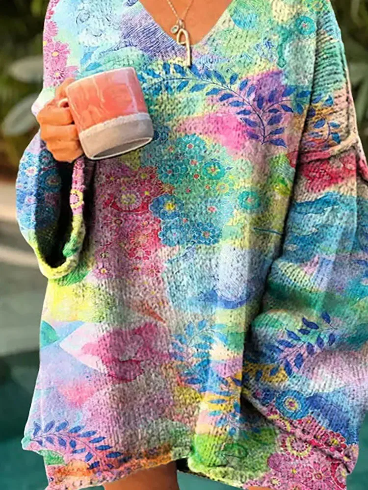 

Elegant Vacation Style Jumpers Fashionable Pattern Print V-neck Knitted Pullovers Casual Long Sleeve Loose Women Commute Sweater