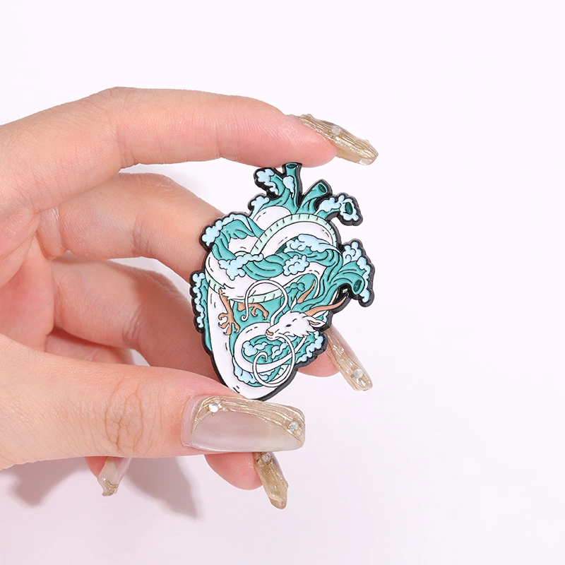 Creative Ocean Wave Heart Organ White Dragon Brooch Enamel Pins Clothing Backpack Accessories Metal Brooch Lapel Badges Jewelry