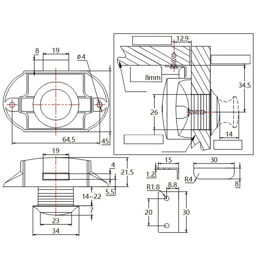 Cerradura de Zinc para muebles, cierre de botón pulsador de 15mm-20mm, carcasa de bloqueo ABS, apariencia hermosa, Color elegante