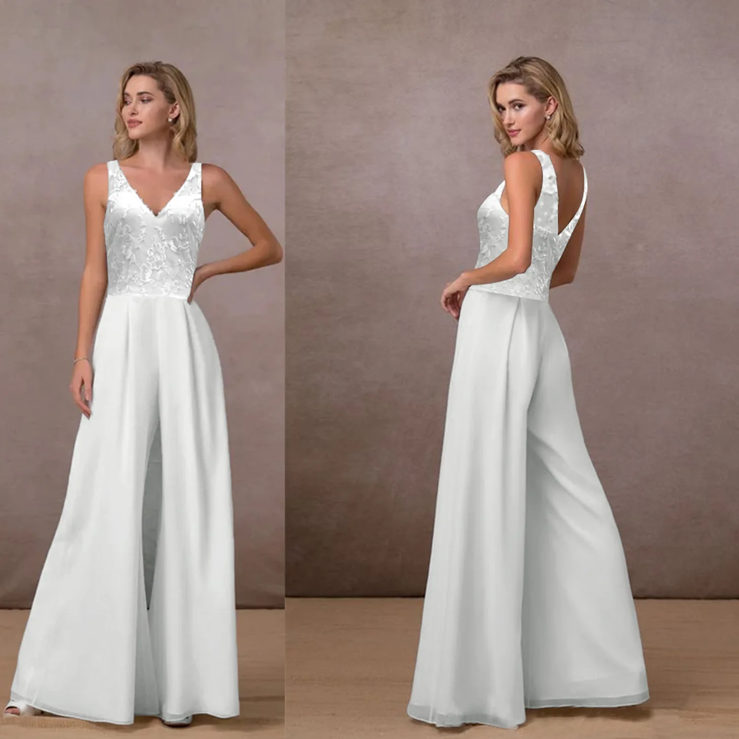 Kombinezon damski europejski i amerykański dekolt V bez rękawów białe szyfonowe spodnie szerokie nogawki nowy styl