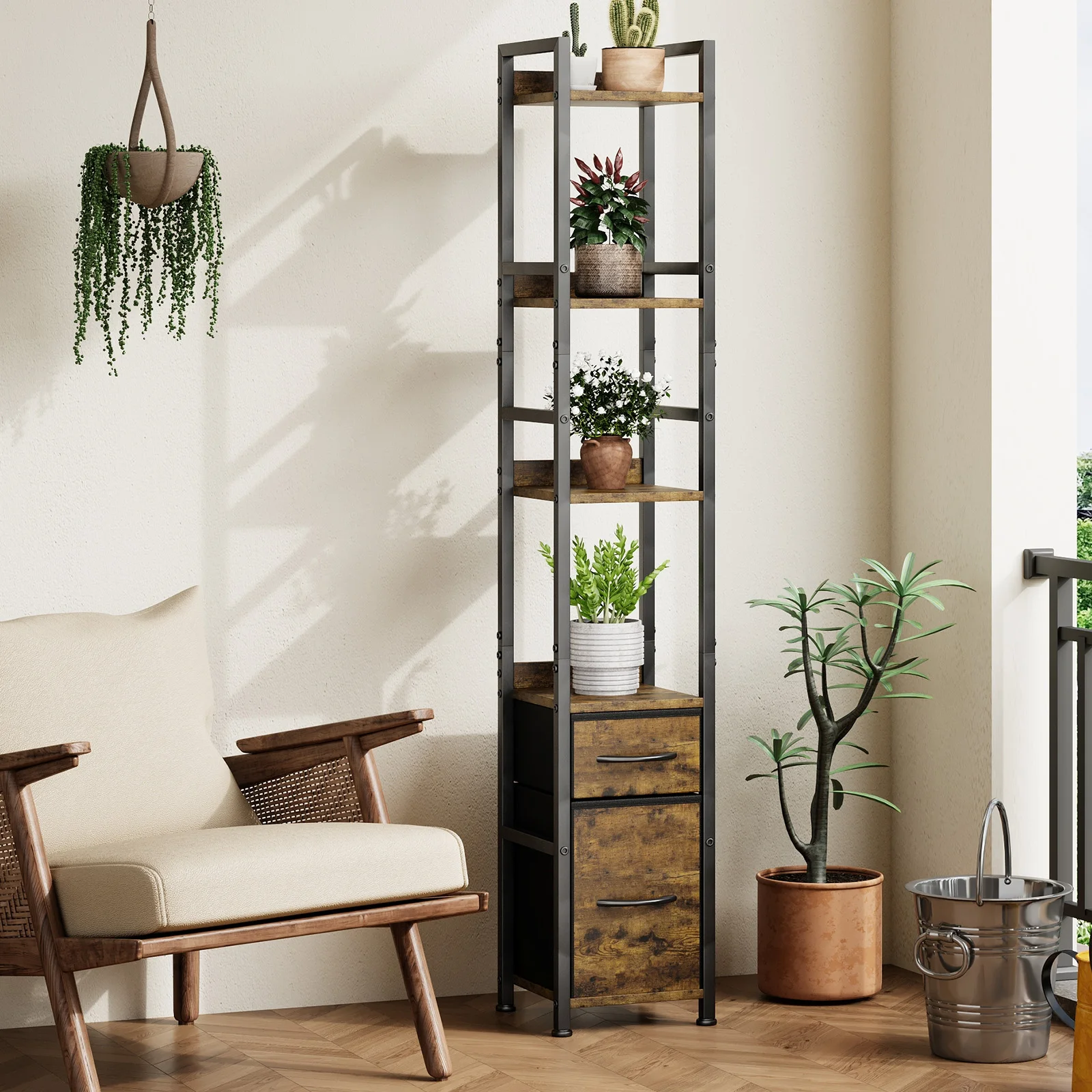 Narrow Industrial Bookshelf with Fabric Drawers, 4-Tier Open Shelf Tall Skinny Bookcase, Metal Frame Freestanding Corner Display Storage Rack for Small Space