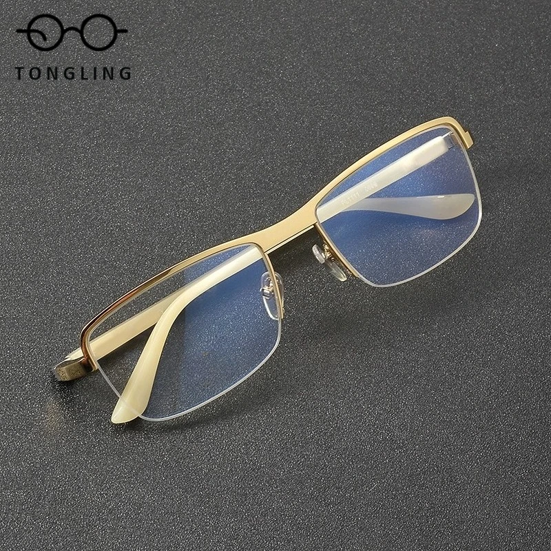 2025New highend pure titanium buffalo horn glasses leg business men casual halfframe glasses support custom prescription glasses