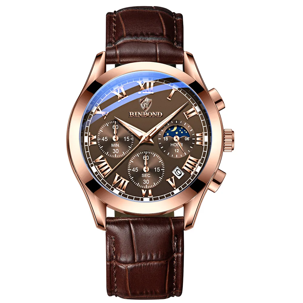  Top Business Men's Watches Waterproof Luminous Leather Strap Fashion Wristwatch Chronograph Date Man Quartz Watch