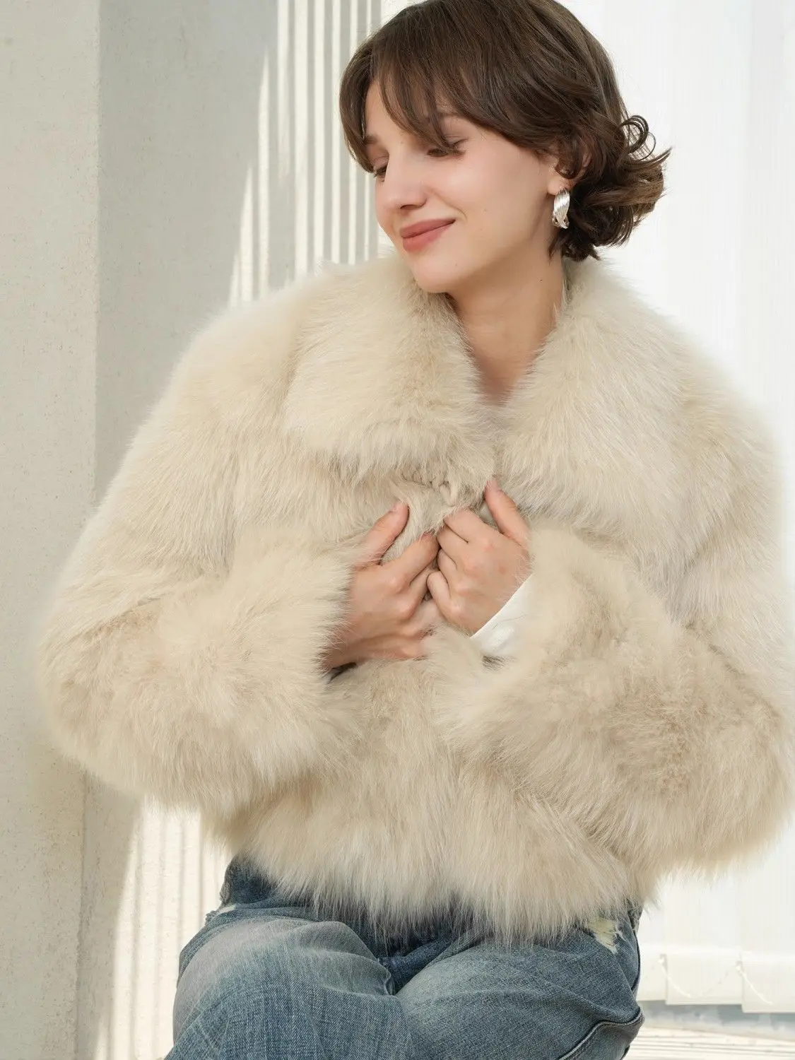 

Faux Fur White Coat Coats Womens Party Gym Design Tassels Fancy Fully Wraps Quilted Washed Casual-Chic Furry Sleeves Distressed