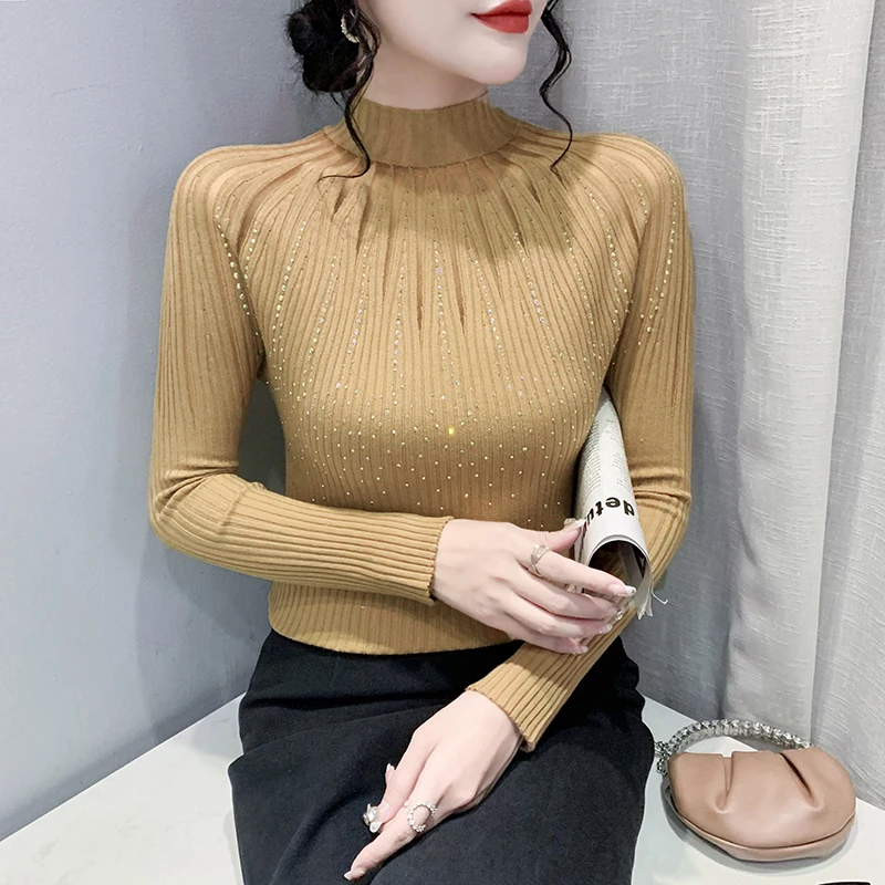 

Fall Winter Knitted Sweater Fashion Sexy Mock Neck Hollow Out Women's Long Sleeve Diamonds Pullovers Bottoming Shirt Tops 1004